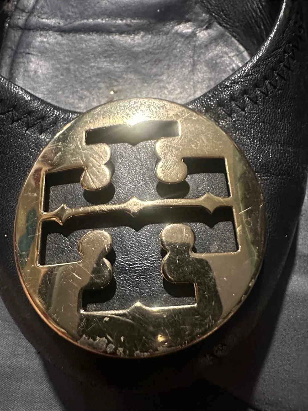 Tory Burch Black Leather Ballet Flats with Gold Logo Medallion